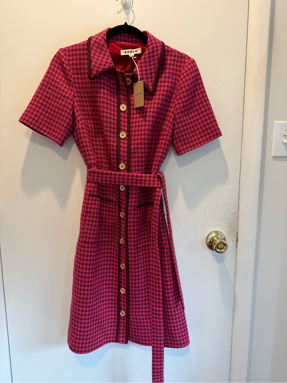Boden Pink Houndstooth Trimmed Button-Up Jacket